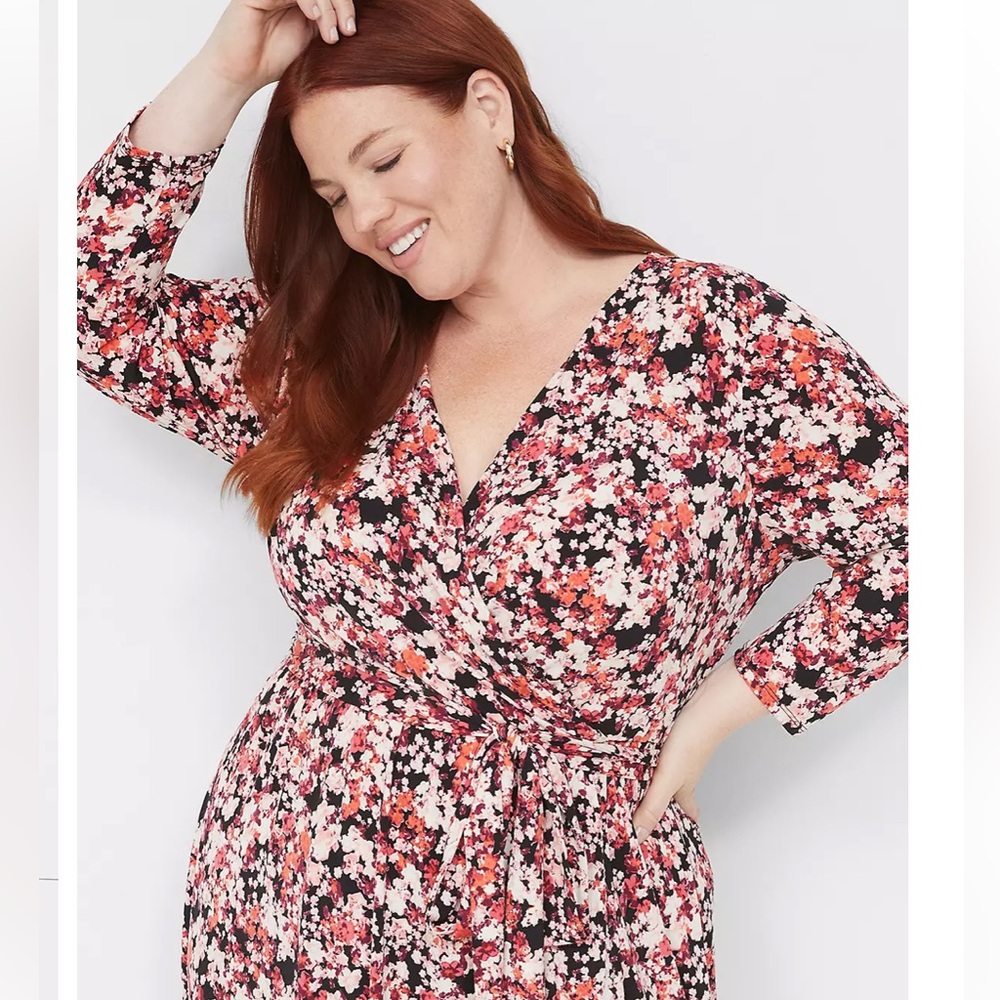 Lane Bryant Pink and Black Floral faux wrap Dress 22/24 petite plus size - Picture 2 of 15